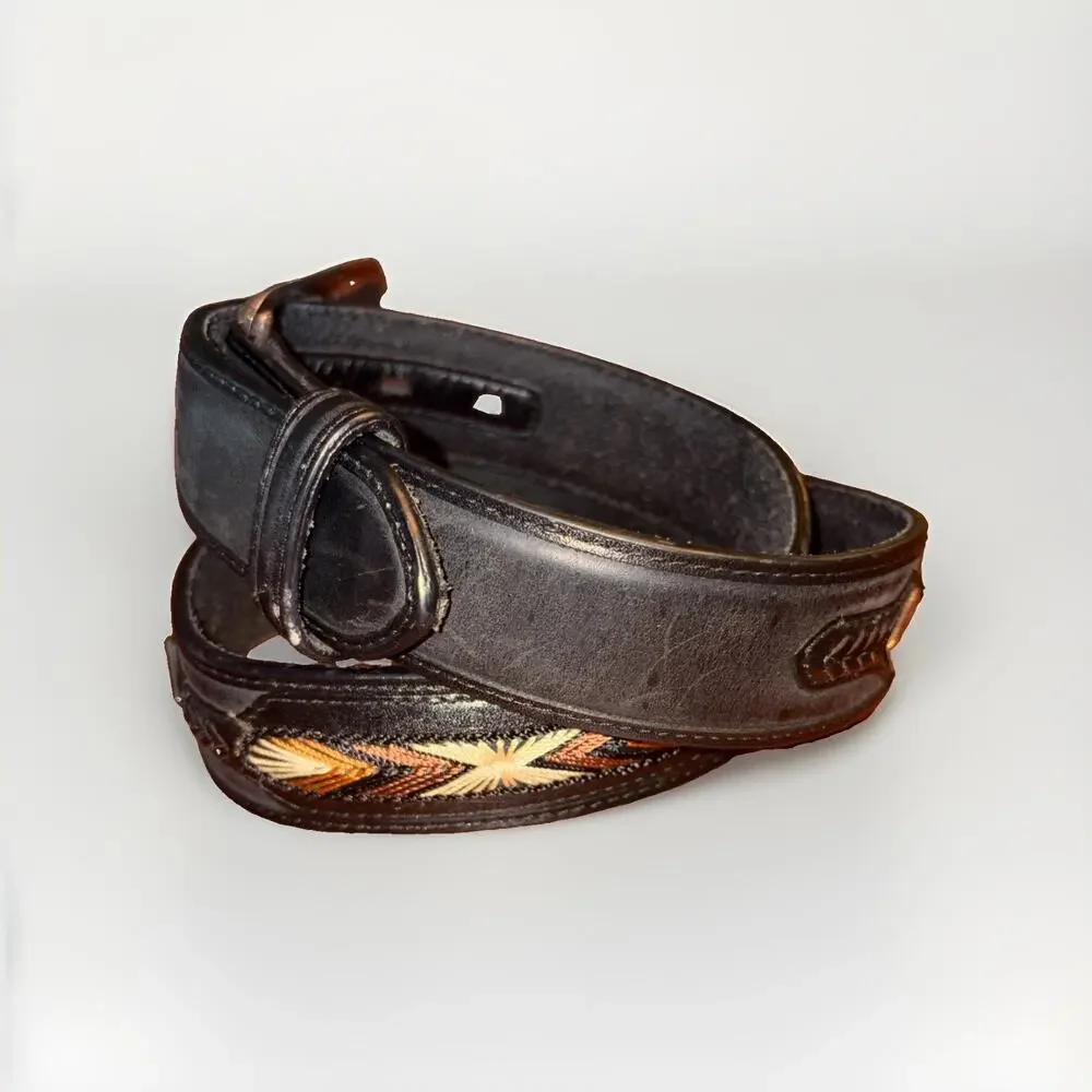 3D Black Western Inlay Leather Belt Sz 32 Removable Silver Buckle Diamond Concho